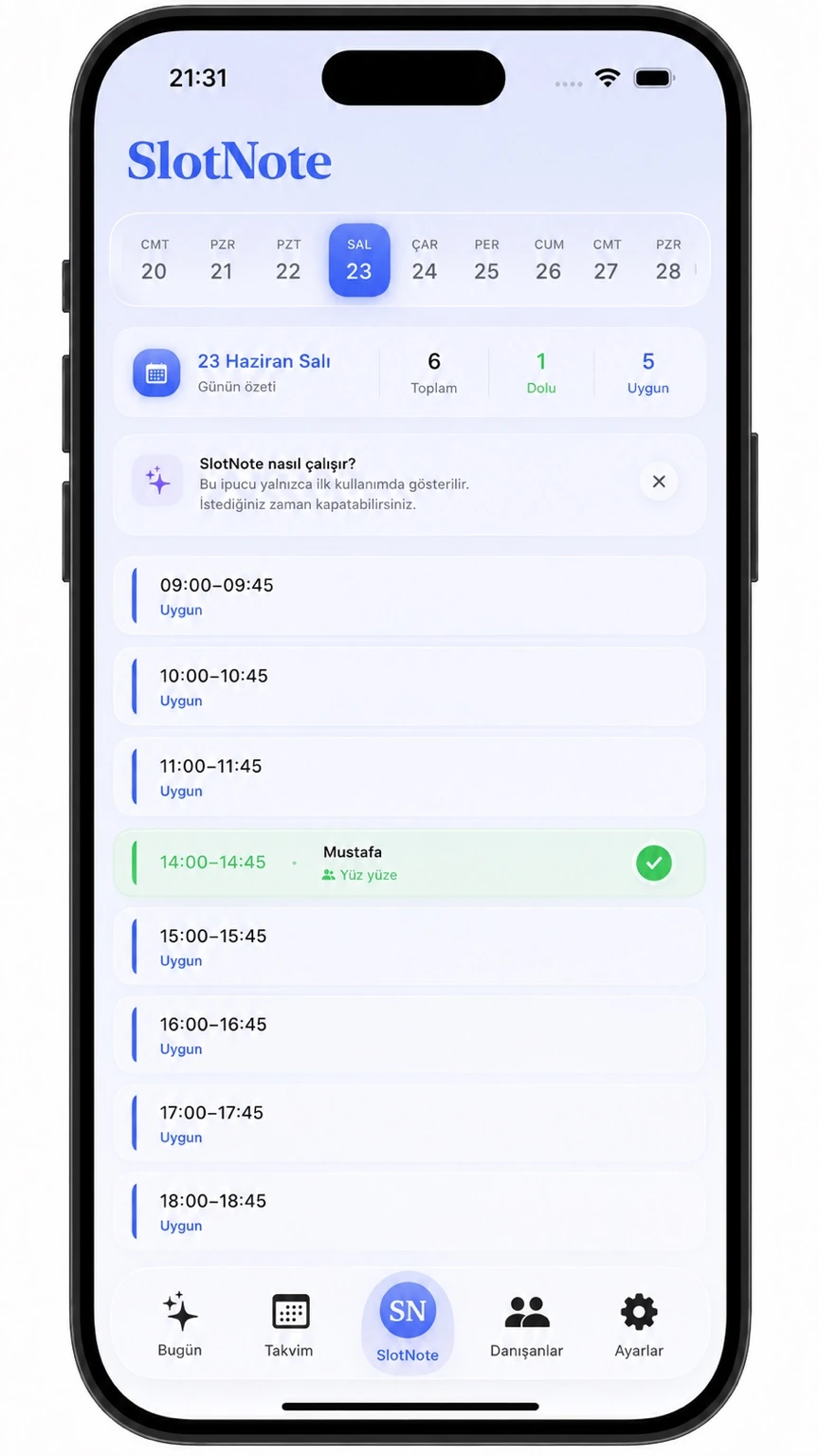 SlotNote iPhone uygulamasının zaman aralığı görünümü